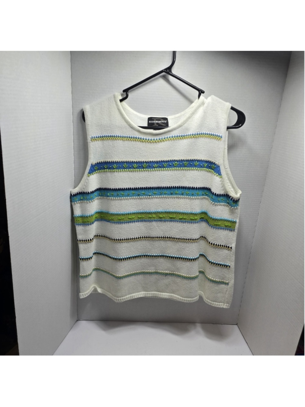 Requirements white sleeveless knit top with blue and green beaded stripes XL
